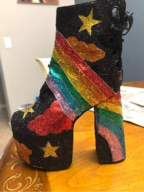 Dolls Kill Black Glitter Platform Boots with Multicolor Rainbow & Star Art